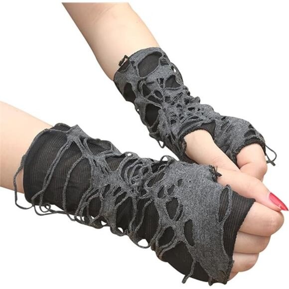 Women's Punk Fingerless Gloves Arm Warmers Black Ripped Gothic Gloves - Picture 7 of 7
